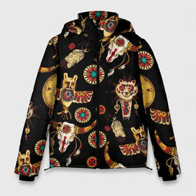 Мужская зимняя куртка 3D с принтом Индейский орнамент в Петрозаводске, верх — 100% полиэстер; подкладка — 100% полиэстер; утеплитель — 100% полиэстер | длина ниже бедра, свободный силуэт Оверсайз. Есть воротник-стойка, отстегивающийся капюшон и ветрозащитная планка. 

Боковые карманы с листочкой на кнопках и внутренний карман на молнии. | amulets | bulls | feathers | indian ornament | masks | owls | patterns | skulls | tambourines | амулеты | бубны | быки | индейский орнамент | маски | перья | совы | узоры | черепа