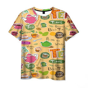Мужская футболка 3D с принтом Tea bombing в Петрозаводске, 100% полиэфир | прямой крой, круглый вырез горловины, длина до линии бедер | char | tea | tea party | еда | конфеты | лимон | напиток | печенье | сладости | тортики | чай | чашка
