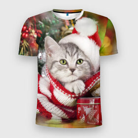 Мужская футболка 3D спортивная с принтом Новогодний котик в Петрозаводске, 100% полиэстер с улучшенными характеристиками | приталенный силуэт, круглая горловина, широкие плечи, сужается к линии бедра | Тематика изображения на принте: елка | зима | кот | котейка | кошка | мороз | новый год | снег