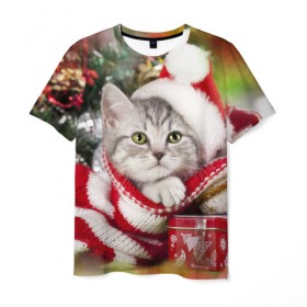 Мужская футболка 3D с принтом Новогодний котик в Петрозаводске, 100% полиэфир | прямой крой, круглый вырез горловины, длина до линии бедер | Тематика изображения на принте: елка | зима | кот | котейка | кошка | мороз | новый год | снег