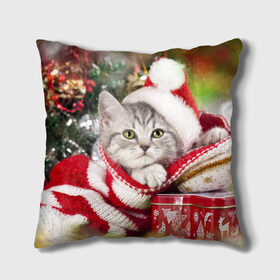 Подушка 3D с принтом Новогодний котик в Петрозаводске, наволочка – 100% полиэстер, наполнитель – холлофайбер (легкий наполнитель, не вызывает аллергию). | состоит из подушки и наволочки. Наволочка на молнии, легко снимается для стирки | елка | зима | кот | котейка | кошка | мороз | новый год | снег