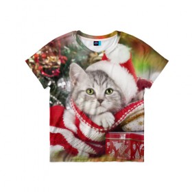 Детская футболка 3D с принтом Новогодний котик в Петрозаводске, 100% гипоаллергенный полиэфир | прямой крой, круглый вырез горловины, длина до линии бедер, чуть спущенное плечо, ткань немного тянется | елка | зима | кот | котейка | кошка | мороз | новый год | снег