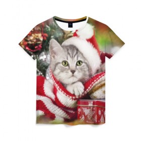 Женская футболка 3D с принтом Новогодний котик в Петрозаводске, 100% полиэфир ( синтетическое хлопкоподобное полотно) | прямой крой, круглый вырез горловины, длина до линии бедер | елка | зима | кот | котейка | кошка | мороз | новый год | снег