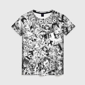 Женская футболка 3D с принтом Ahegao в Петрозаводске, 100% полиэфир ( синтетическое хлопкоподобное полотно) | прямой крой, круглый вырез горловины, длина до линии бедер | anime | аниме | лицо | паттрен | чернобелый