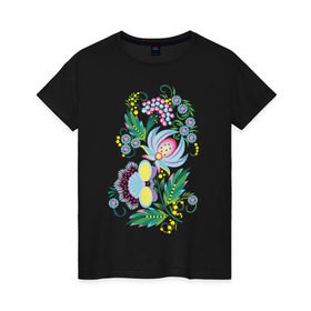 Женская футболка хлопок с принтом Русские мотивы в Петрозаводске, 100% хлопок | прямой крой, круглый вырез горловины, длина до линии бедер, слегка спущенное плечо | узоры | цветы