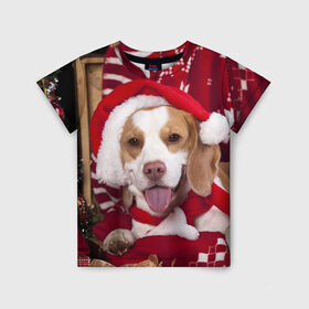 Детская футболка 3D с принтом Прикольный Санта в Петрозаводске, 100% гипоаллергенный полиэфир | прямой крой, круглый вырез горловины, длина до линии бедер, чуть спущенное плечо, ткань немного тянется | елка | новый год | пес | снег | снежинки | собака | щенок