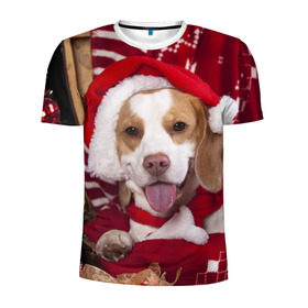 Мужская футболка 3D спортивная с принтом Прикольный Санта в Петрозаводске, 100% полиэстер с улучшенными характеристиками | приталенный силуэт, круглая горловина, широкие плечи, сужается к линии бедра | Тематика изображения на принте: елка | новый год | пес | снег | снежинки | собака | щенок