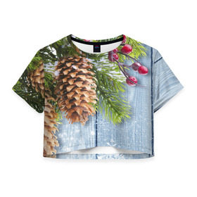 Женская футболка 3D укороченная с принтом Зимушка-Зима в Петрозаводске, 100% полиэстер | круглая горловина, длина футболки до линии талии, рукава с отворотами | елка | зима | мороз | новый год | снег | снежинки | ягода