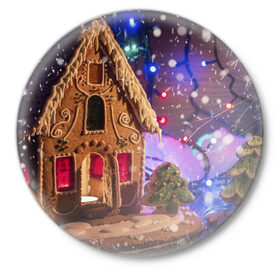 Значок с принтом Мастерская Деда Мороза в Петрозаводске,  металл | круглая форма, металлическая застежка в виде булавки | Тематика изображения на принте: елка | зима | мороз | новый год | символ | снег | снежинки