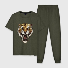 Мужская пижама хлопок с принтом Тигр тигр тигрррррррр в Петрозаводске, 100% хлопок | брюки и футболка прямого кроя, без карманов, на брюках мягкая резинка на поясе и по низу штанин
 | оскал | тигр