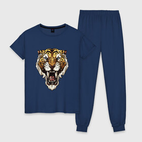 Женская пижама хлопок с принтом Тигр тигр тигрррррррр в Петрозаводске, 100% хлопок | брюки и футболка прямого кроя, без карманов, на брюках мягкая резинка на поясе и по низу штанин | оскал | тигр