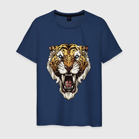 Мужская футболка хлопок с принтом Тигр тигр тигрррррррр в Петрозаводске, 100% хлопок | прямой крой, круглый вырез горловины, длина до линии бедер, слегка спущенное плечо. | оскал | тигр