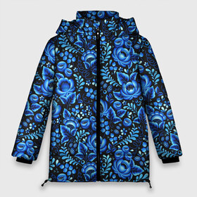 Женская зимняя куртка 3D с принтом Красивая гжель в Петрозаводске, верх — 100% полиэстер; подкладка — 100% полиэстер; утеплитель — 100% полиэстер | длина ниже бедра, силуэт Оверсайз. Есть воротник-стойка, отстегивающийся капюшон и ветрозащитная планка. 

Боковые карманы с листочкой на кнопках и внутренний карман на молнии | Тематика изображения на принте: гжель | роспись