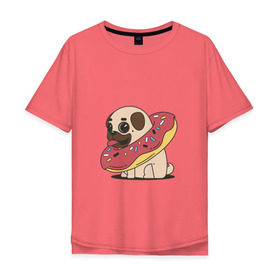 Мужская футболка хлопок Oversize с принтом Мопс пончик в Петрозаводске, 100% хлопок | свободный крой, круглый ворот, “спинка” длиннее передней части | мопс | новый год | пончик