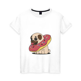 Женская футболка хлопок с принтом Мопс пончик в Петрозаводске, 100% хлопок | прямой крой, круглый вырез горловины, длина до линии бедер, слегка спущенное плечо | мопс | новый год | пончик