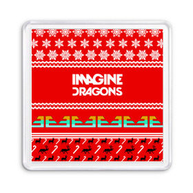 Магнит 55*55 с принтом Праздничный Imagine Dragons в Петрозаводске, Пластик | Размер: 65*65 мм; Размер печати: 55*55 мм | dragons | imagine | альтернативный | американская | арена | бэн макки | группа | драгонс | дэн | дэн рейнольдс | знак | имеджин | инди | индирок | красный | надпись | новогодний | новый год | поп | праздник