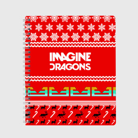 Тетрадь с принтом Праздничный Imagine Dragons в Петрозаводске, 100% бумага | 48 листов, плотность листов — 60 г/м2, плотность картонной обложки — 250 г/м2. Листы скреплены сбоку удобной пружинной спиралью. Уголки страниц и обложки скругленные. Цвет линий — светло-серый
 | Тематика изображения на принте: dragons | imagine | альтернативный | американская | арена | бэн макки | группа | драгонс | дэн | дэн рейнольдс | знак | имеджин | инди | индирок | красный | надпись | новогодний | новый год | поп | праздник