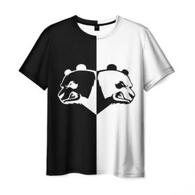 Мужская футболка 3D с принтом Панда в Петрозаводске, 100% полиэфир | прямой крой, круглый вырез горловины, длина до линии бедер | бамбук | бамбуковый медведь | белый | голова | два | животное | злость | красная книга | крутой | мишка | оскал | панда | прикольный | тату | цвета | чб | черный | ярость