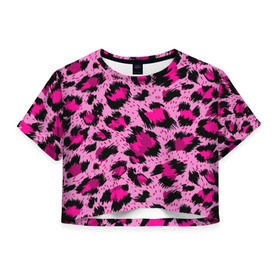 Женская футболка 3D укороченная с принтом Розовый леопард в Петрозаводске, 100% полиэстер | круглая горловина, длина футболки до линии талии, рукава с отворотами | гепард | леопард