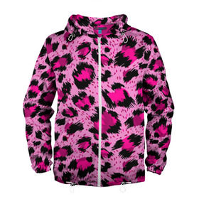 Мужская ветровка 3D с принтом Розовый леопард в Петрозаводске, 100% полиэстер | подол и капюшон оформлены резинкой с фиксаторами, два кармана без застежек по бокам, один потайной карман на груди | Тематика изображения на принте: гепард | леопард