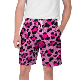 Мужские шорты 3D с принтом Розовый леопард в Петрозаводске,  полиэстер 100% | прямой крой, два кармана без застежек по бокам. Мягкая трикотажная резинка на поясе, внутри которой широкие завязки. Длина чуть выше колен | Тематика изображения на принте: гепард | леопард