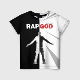 Детская футболка 3D с принтом Rap God Eminem в Петрозаводске, 100% гипоаллергенный полиэфир | прямой крой, круглый вырез горловины, длина до линии бедер, чуть спущенное плечо, ткань немного тянется | Тематика изображения на принте: 