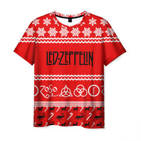 Мужская футболка 3D с принтом Праздничный Led Zeppelin в Петрозаводске, 100% полиэфир | прямой крой, круглый вырез горловины, длина до линии бедер | led zeppelin | блюз | группа | джимми пейдж | джон генри бонэм | джон пол джонс | знак | красный | лед зепелен | лед зеппелин | метал | надпись | новогодний | новый год | праздник | роберт плант | рождество