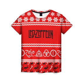 Женская футболка 3D с принтом Праздничный Led Zeppelin в Петрозаводске, 100% полиэфир ( синтетическое хлопкоподобное полотно) | прямой крой, круглый вырез горловины, длина до линии бедер | led zeppelin | блюз | группа | джимми пейдж | джон генри бонэм | джон пол джонс | знак | красный | лед зепелен | лед зеппелин | метал | надпись | новогодний | новый год | праздник | роберт плант | рождество