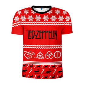 Мужская футболка 3D спортивная с принтом Праздничный Led Zeppelin в Петрозаводске, 100% полиэстер с улучшенными характеристиками | приталенный силуэт, круглая горловина, широкие плечи, сужается к линии бедра | led zeppelin | блюз | группа | джимми пейдж | джон генри бонэм | джон пол джонс | знак | красный | лед зепелен | лед зеппелин | метал | надпись | новогодний | новый год | праздник | роберт плант | рождество