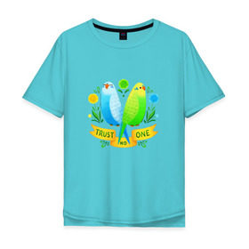 Мужская футболка хлопок Oversize с принтом Попугаи арт в Петрозаводске, 100% хлопок | свободный крой, круглый ворот, “спинка” длиннее передней части | Тематика изображения на принте: волнистый попугай | джунгли | попугай