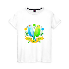 Женская футболка хлопок с принтом Попугаи арт в Петрозаводске, 100% хлопок | прямой крой, круглый вырез горловины, длина до линии бедер, слегка спущенное плечо | волнистый попугай | джунгли | попугай