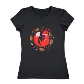 Женская футболка хлопок с принтом Лиса в Петрозаводске, 100% хлопок | прямой крой, круглый вырез горловины, длина до линии бедер, слегка спущенное плечо | лиса | осень