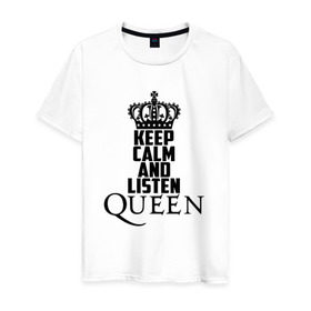 Мужская футболка хлопок с принтом Keep calm and listen Queen в Петрозаводске, 100% хлопок | прямой крой, круглый вырез горловины, длина до линии бедер, слегка спущенное плечо. | paul rodgers | queen | quen | брайан мэй | глэм | группа | джон дикон | квин | королева | куин | меркури | меркьюри | мэркури | поп | роджер тейлор | рок | фредди | фреди | хард | хардрок