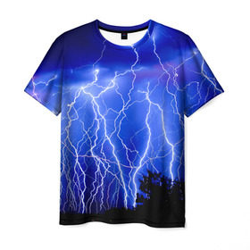 Мужская футболка 3D с принтом Молнии в Петрозаводске, 100% полиэфир | прямой крой, круглый вырез горловины, длина до линии бедер | гроза | молнии | ночь | пейзаж
