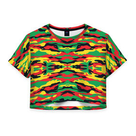 Женская футболка 3D укороченная с принтом Камуфляж в Петрозаводске, 100% полиэстер | круглая горловина, длина футболки до линии талии, рукава с отворотами | желтый | зеленый | камуфляж | красный | раста цвета