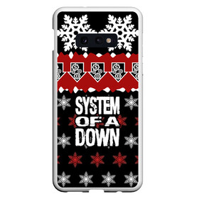 Чехол для Samsung S10E с принтом Праздничный System of a Down в Петрозаводске, Силикон | Область печати: задняя сторона чехла, без боковых панелей | soad | soil | system of a down | группа | дав | дарон малакян | джон долмаян | знак | красный | надпись | новогодний | новый год | оф | праздник | рождество | рок | серж танкян | систем | снежинки | соад | сод | соэд