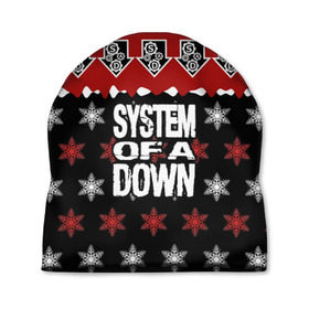 Шапка 3D с принтом Праздничный System of a Down в Петрозаводске, 100% полиэстер | универсальный размер, печать по всей поверхности изделия | Тематика изображения на принте: soad | soil | system of a down | группа | дав | дарон малакян | джон долмаян | знак | красный | надпись | новогодний | новый год | оф | праздник | рождество | рок | серж танкян | систем | снежинки | соад | сод | соэд