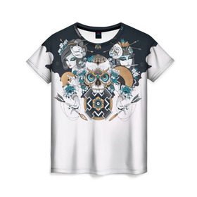 Женская футболка 3D с принтом SKULL JAPAN в Петрозаводске, 100% полиэфир ( синтетическое хлопкоподобное полотно) | прямой крой, круглый вырез горловины, длина до линии бедер | arrow | skull | белый | девушка | линии | маски.кот | модные | небо | облако | синий | скелет | стимпанк | стрелы | череп | яркие