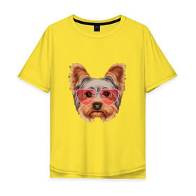 Мужская футболка хлопок Oversize с принтом Йоркширский терьер в очках сердечках в Петрозаводске, 100% хлопок | свободный крой, круглый ворот, “спинка” длиннее передней части | домашние животные | пес | собака | терьер