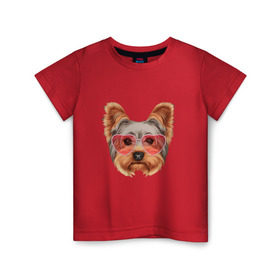 Детская футболка хлопок с принтом Йоркширский терьер в очках сердечках в Петрозаводске, 100% хлопок | круглый вырез горловины, полуприлегающий силуэт, длина до линии бедер | домашние животные | пес | собака | терьер