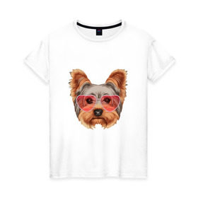 Женская футболка хлопок с принтом Йоркширский терьер в очках сердечках в Петрозаводске, 100% хлопок | прямой крой, круглый вырез горловины, длина до линии бедер, слегка спущенное плечо | домашние животные | пес | собака | терьер