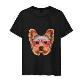 Мужская футболка хлопок с принтом Йоркширский терьер в очках сердечках в Петрозаводске, 100% хлопок | прямой крой, круглый вырез горловины, длина до линии бедер, слегка спущенное плечо. | домашние животные | пес | собака | терьер