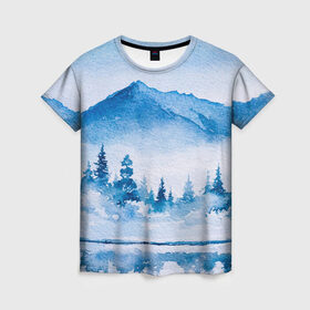 Женская футболка 3D с принтом Зимний пейзаж в Петрозаводске, 100% полиэфир ( синтетическое хлопкоподобное полотно) | прямой крой, круглый вырез горловины, длина до линии бедер | арт | елки | зима | картина | краски | лес | пейзаж | природа