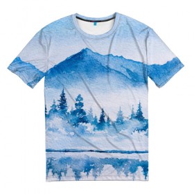 Мужская футболка 3D с принтом Зимний пейзаж в Петрозаводске, 100% полиэфир | прямой крой, круглый вырез горловины, длина до линии бедер | арт | елки | зима | картина | краски | лес | пейзаж | природа