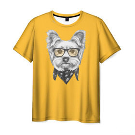 Мужская футболка 3D с принтом Йоркширский терьер_в очках в Петрозаводске, 100% полиэфир | прямой крой, круглый вырез горловины, длина до линии бедер | Тематика изображения на принте: домашние животные | пес | собака | терьер