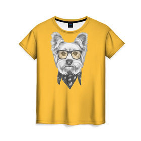 Женская футболка 3D с принтом Йоркширский терьер_в очках в Петрозаводске, 100% полиэфир ( синтетическое хлопкоподобное полотно) | прямой крой, круглый вырез горловины, длина до линии бедер | домашние животные | пес | собака | терьер