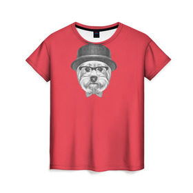Женская футболка 3D с принтом Йоркширский терьер в шляпе в Петрозаводске, 100% полиэфир ( синтетическое хлопкоподобное полотно) | прямой крой, круглый вырез горловины, длина до линии бедер | домашние животные | пес | собака | терьер
