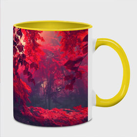 Кружка 3D с принтом Мрачный лес в Петрозаводске, керамика | ёмкость 330 мл | Тематика изображения на принте: вечер | времена | время | года | дерево | деревья | живой | закат | красный | куст | кусты | лес | листья | мир | осень | природа | фауна | флора | черный