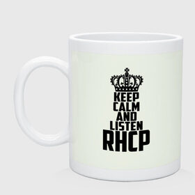 Кружка с принтом Keep calm and listen RHCP в Петрозаводске, керамика | объем — 330 мл, диаметр — 80 мм. Принт наносится на бока кружки, можно сделать два разных изображения | Тематика изображения на принте: red hot chili peppers | rhcp | альтернативный | группа | джош клингхоффер | красные острые перцы чили | метал | ред хот чили пеперс | рок | рхчп | рэп | фанк | фли | чад смит | энтони кидис