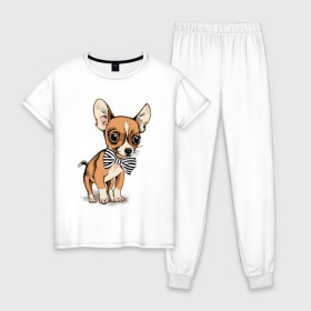 Женская пижама хлопок с принтом Чихуахуа с бабочкой в Петрозаводске, 100% хлопок | брюки и футболка прямого кроя, без карманов, на брюках мягкая резинка на поясе и по низу штанин | домашние животные | пес | песик | собака | собачка | чихуахуа